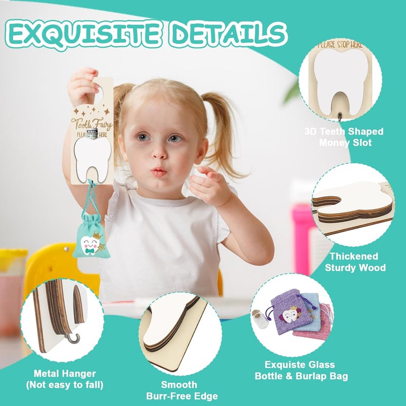 AINBIN Tooth Fairy Door Hanger, Tooth Fairy Kit Tooth Holder with Money Slot, Keepsake Bottle & Burlap Pouch for Lost Teeth, Encourage Gift for Boys Girls, Lake Blue - Image 3